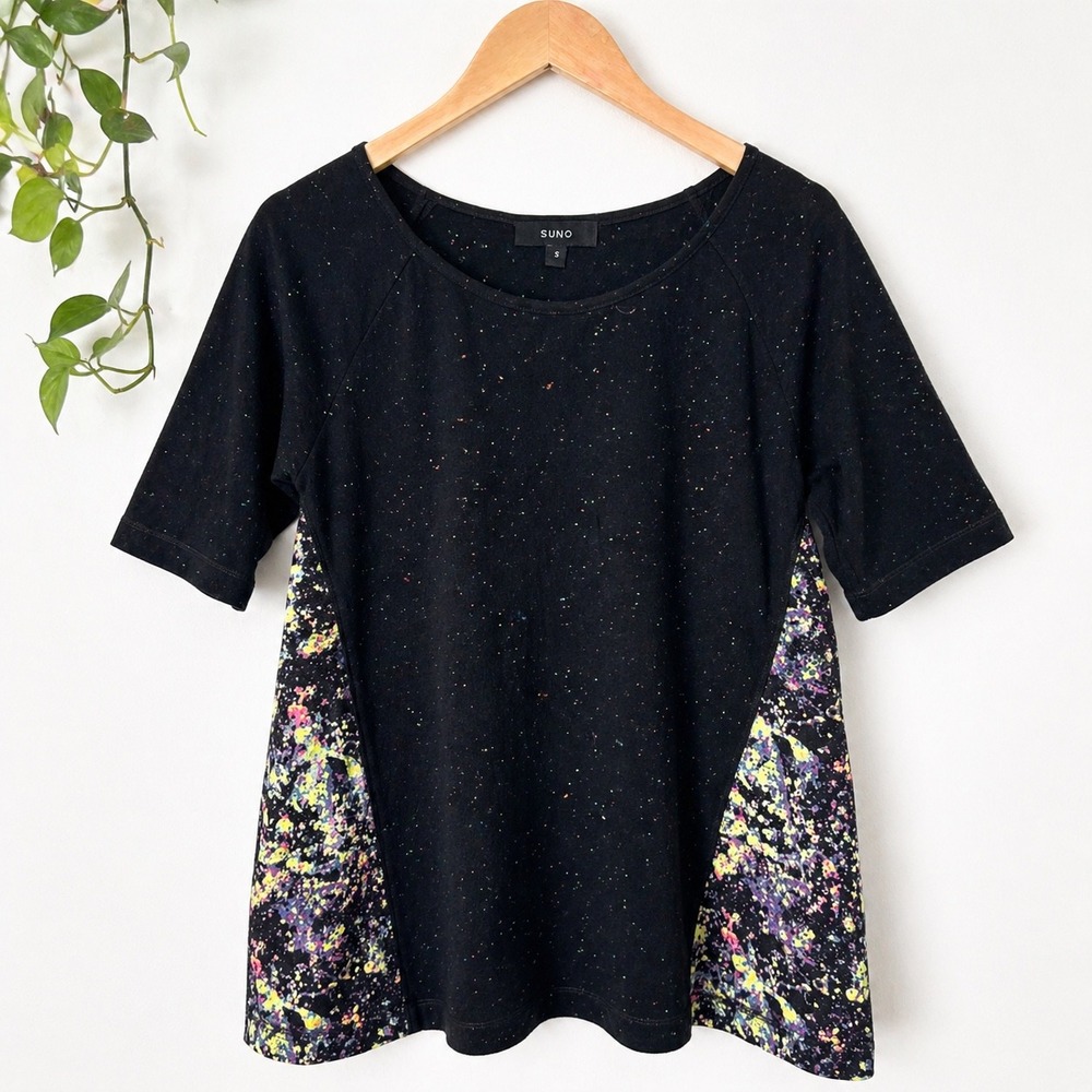 Suno Designer Tunic Top S‎ Abstract Art Print Silk Trim Kenya Ethical Luxury